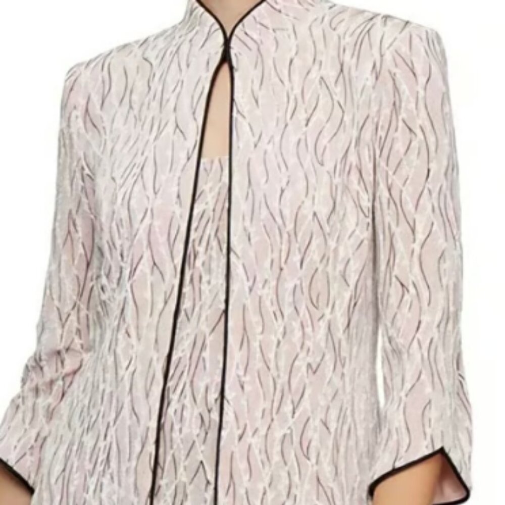 Alex Evenings Printed Piped 3/4-Sleeve Two-Piece Glitter Top & Jacket & Pants